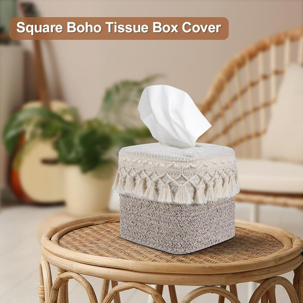 Boho Decor Tissue Box Cover Bohemian Rope Basket Macrame‎ Look Farmhouse